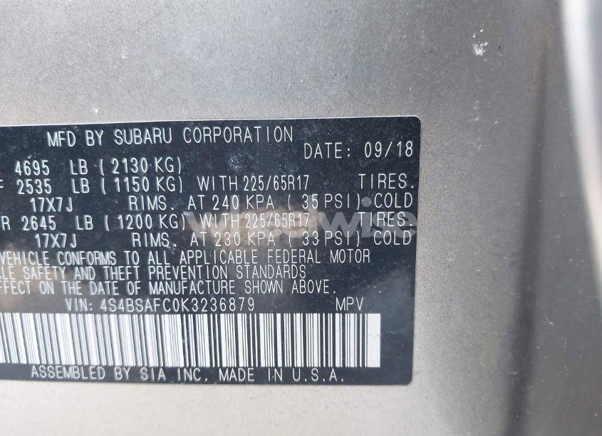 Photo 9 of 2019 Subaru Outback 2.5I PREMIUM (VIN 4S4BSAFC0K3236879)