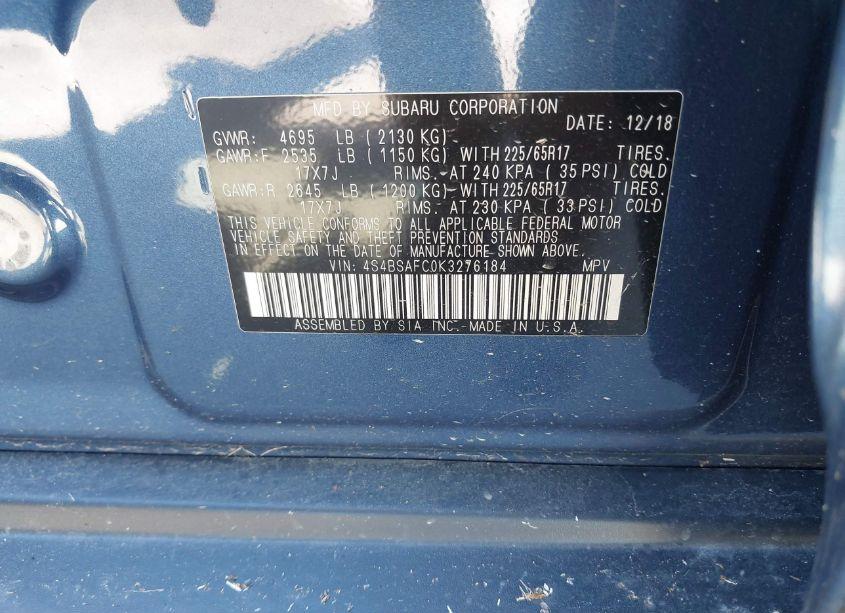 Photo 9 of 2019 Subaru Outback 2.5I PREMIUM (VIN 4S4BSAFC0K3276184)