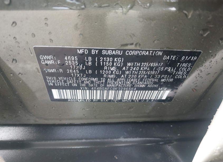 Photo 9 of 2019 Subaru Outback 2.5I PREMIUM (VIN 4S4BSAFC0K3296564)
