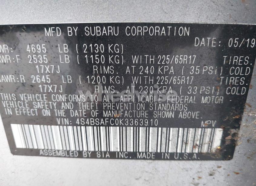 Photo 9 of 2019 Subaru Outback 2.5I PREMIUM (VIN 4S4BSAFC0K3363910)