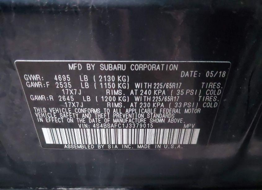 Photo 9 of 2018 Subaru Outback 2.5I PREMIUM (VIN 4S4BSAFC1J3379015)