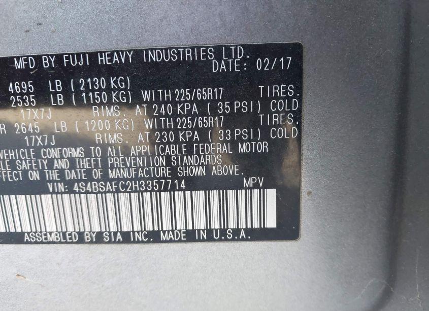 Photo 9 of 2017 Subaru Outback 2.5I PREMIUM (VIN 4S4BSAFC2H3357714)