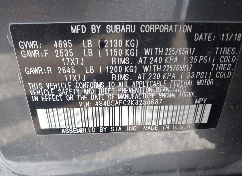 Photo 9 of 2019 Subaru Outback 2.5I PREMIUM (VIN 4S4BSAFC2K3258687)