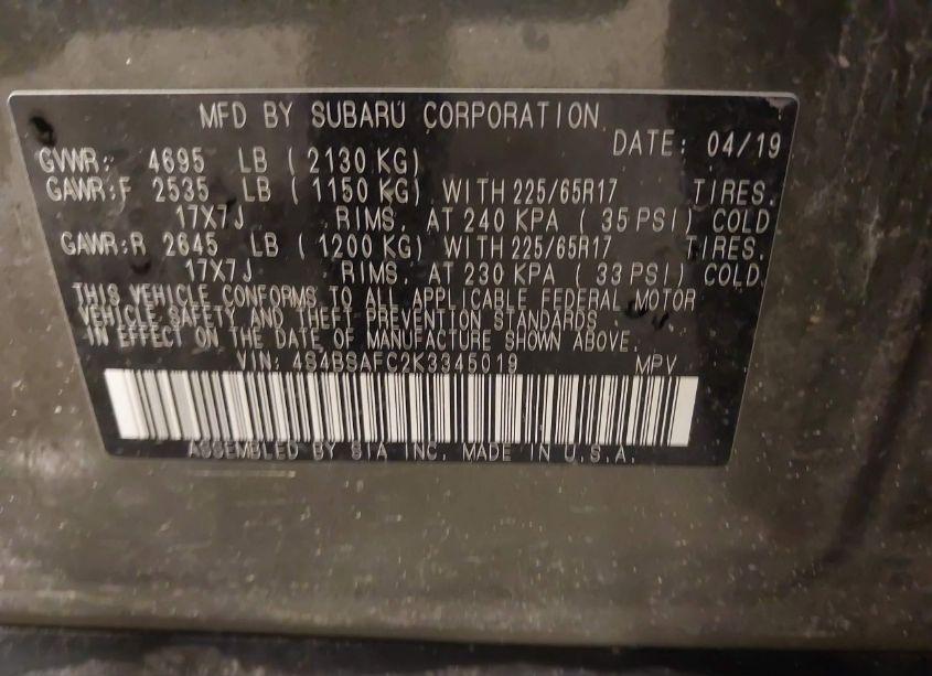 Photo 9 of 2019 Subaru Outback 2.5I PREMIUM (VIN 4S4BSAFC2K3345019)