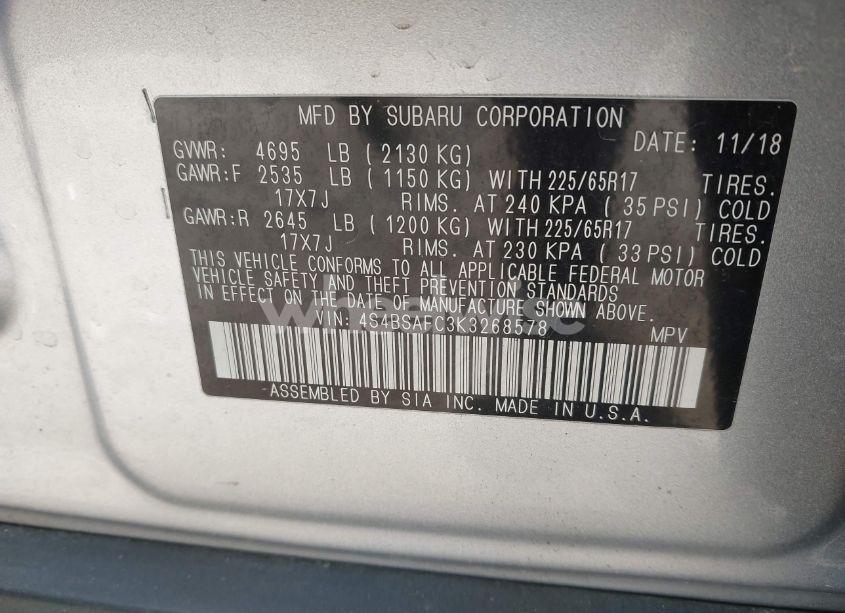 Photo 9 of 2019 Subaru Outback 2.5I PREMIUM (VIN 4S4BSAFC3K3268578)