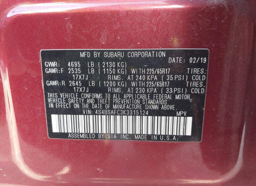 Photo 9 of 2019 Subaru Outback 2.5I PREMIUM (VIN 4S4BSAFC3K3315124)