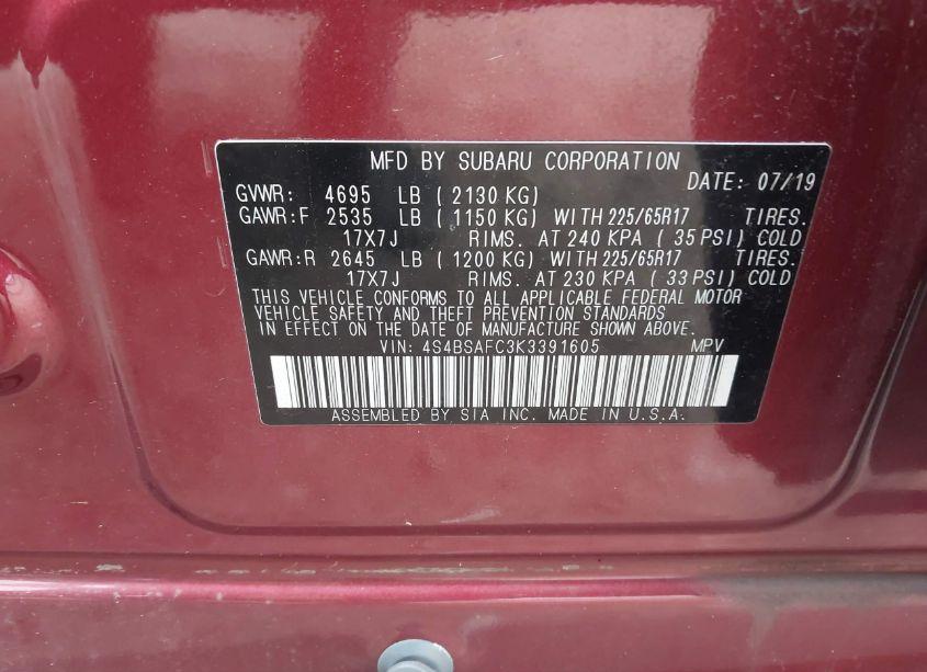 Photo 9 of 2019 Subaru Outback 2.5I PREMIUM (VIN 4S4BSAFC3K3391605)