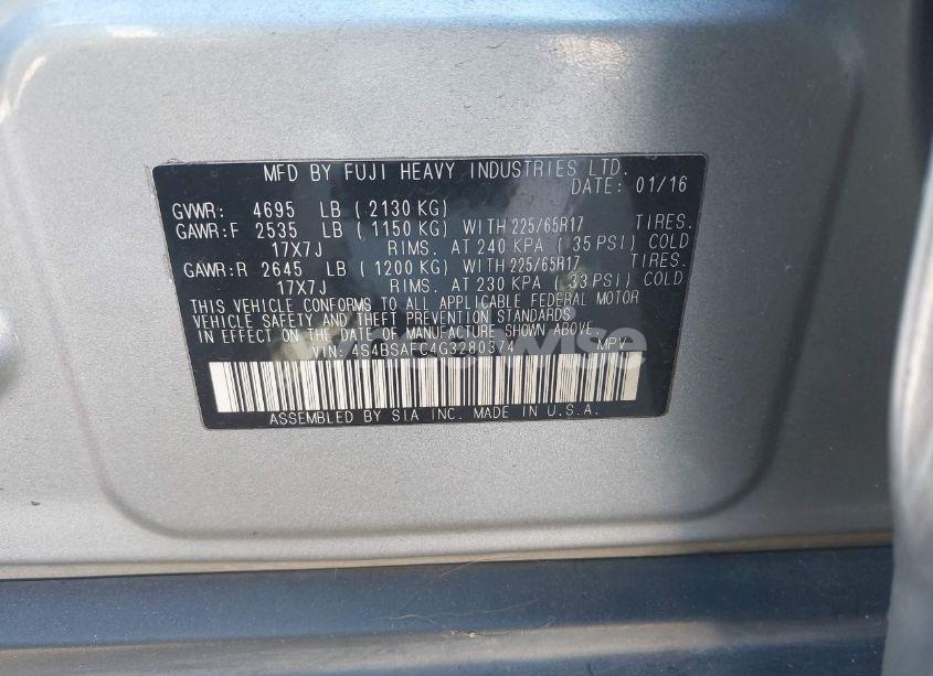 Photo 9 of 2016 Subaru Outback 2.5I PREMIUM (VIN 4S4BSAFC4G3280374)