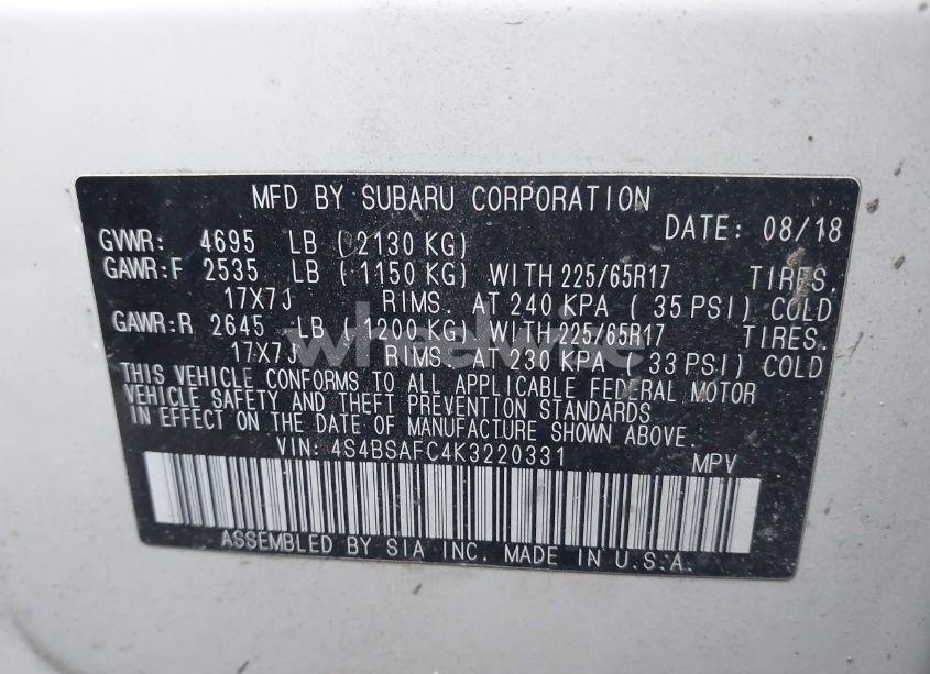 Photo 9 of 2019 Subaru Outback 2.5I PREMIUM (VIN 4S4BSAFC4K3220331)