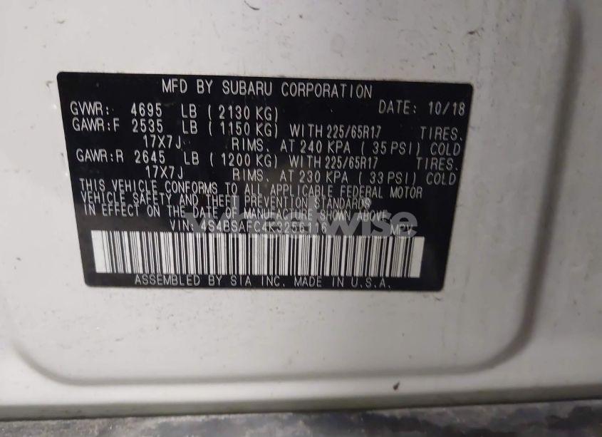 Photo 9 of 2019 Subaru Outback 2.5I PREMIUM (VIN 4S4BSAFC4K3256116)