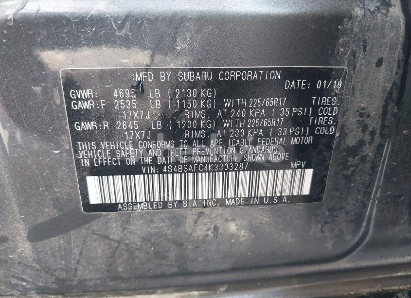 Photo 9 of 2019 Subaru Outback 2.5I PREMIUM (VIN 4S4BSAFC4K3303287)