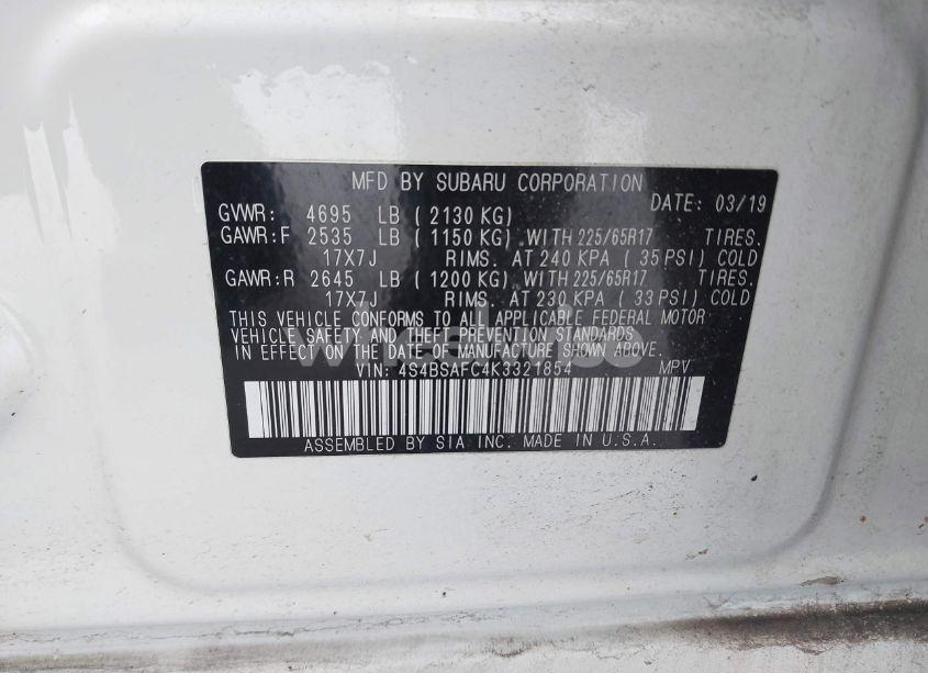 Photo 9 of 2019 Subaru Outback 2.5I PREMIUM (VIN 4S4BSAFC4K3321854)