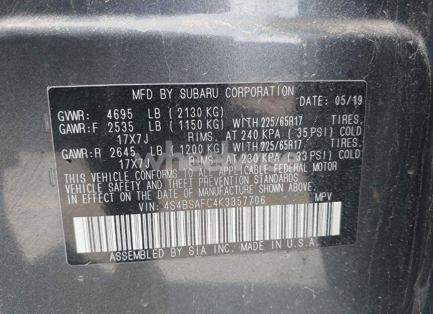 Photo 9 of 2019 Subaru Outback 2.5I PREMIUM (VIN 4S4BSAFC4K3357706)