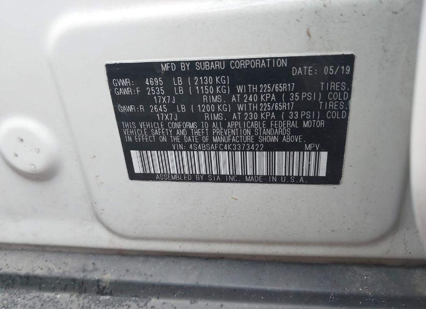 Photo 9 of 2019 Subaru Outback 2.5I PREMIUM (VIN 4S4BSAFC4K3373422)