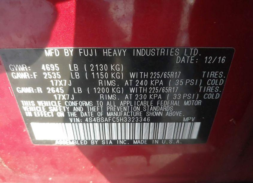 Photo 9 of 2017 Subaru Outback 2.5I PREMIUM (VIN 4S4BSAFC5H3323346)