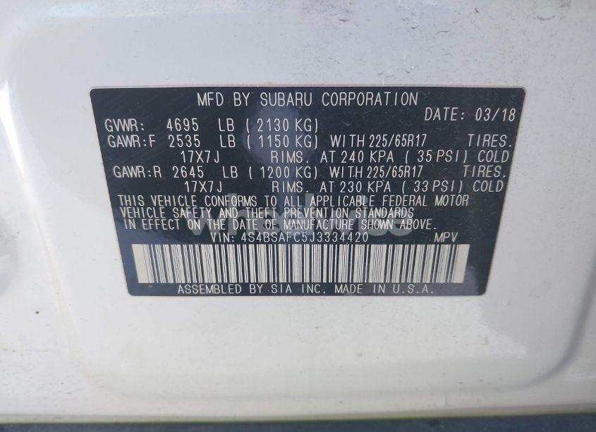 Photo 9 of 2018 Subaru Outback 2.5I PREMIUM (VIN 4S4BSAFC5J3334420)