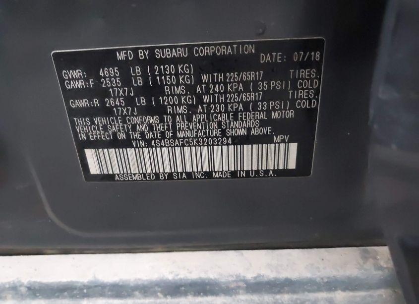 Photo 9 of 2019 Subaru Outback 2.5I PREMIUM (VIN 4S4BSAFC5K3203294)