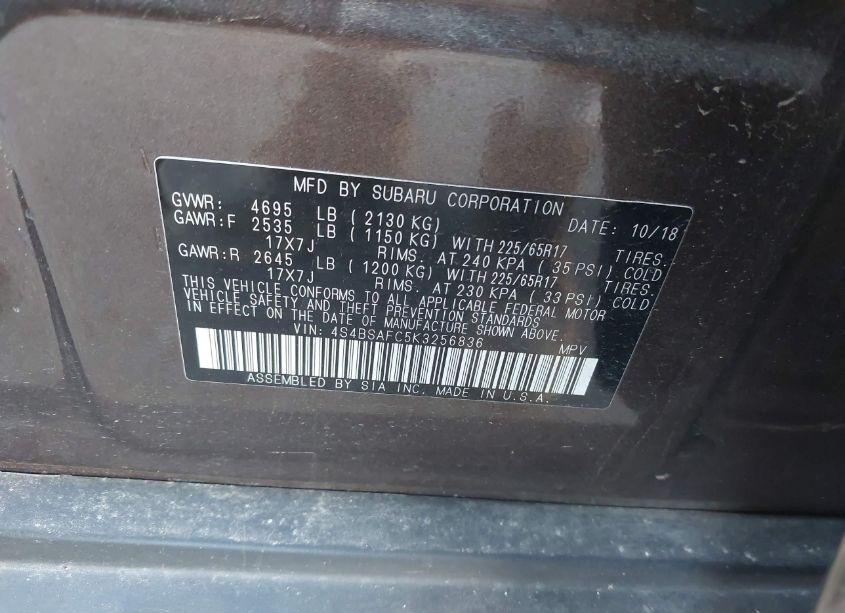 Photo 9 of 2019 Subaru Outback 2.5I PREMIUM (VIN 4S4BSAFC5K3256836)