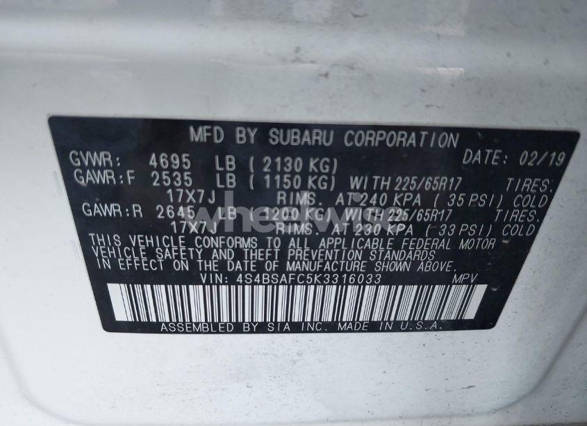 Photo 9 of 2019 Subaru Outback 2.5I PREMIUM (VIN 4S4BSAFC5K3316033)