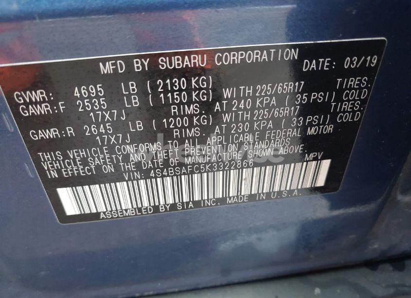 Photo 9 of 2019 Subaru Outback 2.5I PREMIUM (VIN 4S4BSAFC5K3322866)