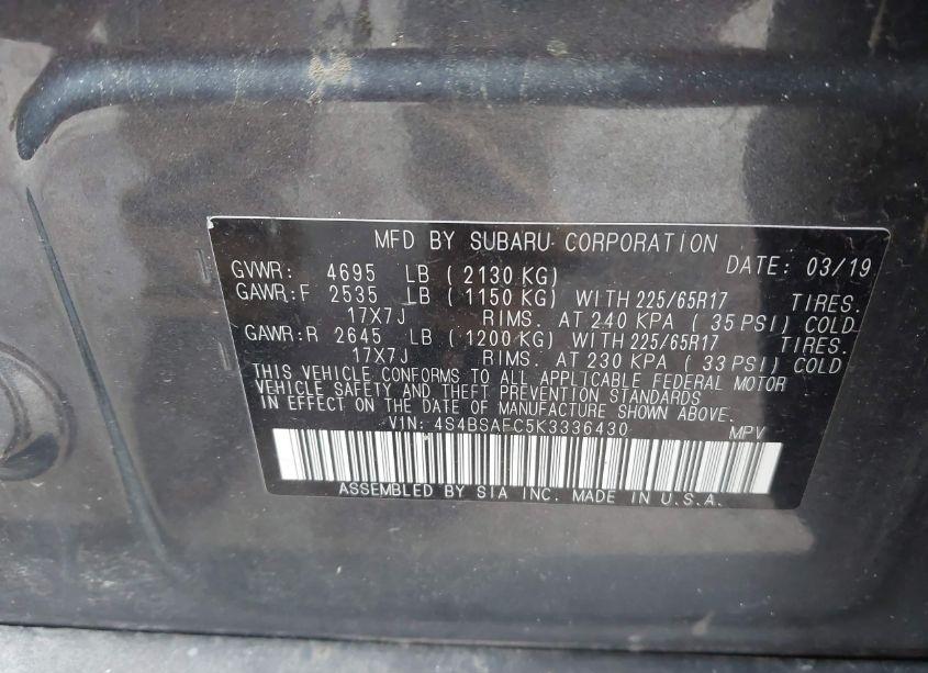 Photo 9 of 2019 Subaru Outback 2.5I PREMIUM (VIN 4S4BSAFC5K3336430)