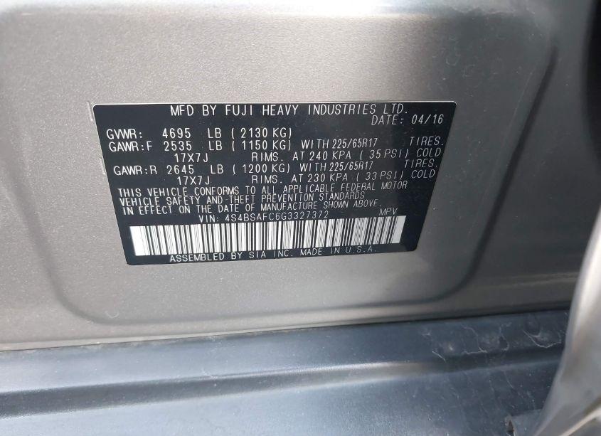 Photo 9 of 2016 Subaru Outback 2.5I PREMIUM (VIN 4S4BSAFC6G3327372)