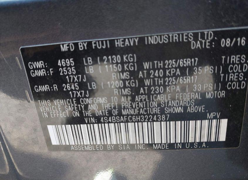 Photo 9 of 2017 Subaru Outback 2.5I PREMIUM (VIN 4S4BSAFC6H3224387)