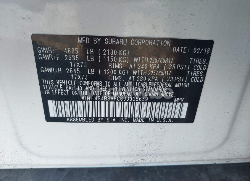 Photo 9 of 2018 Subaru Outback 2.5I PREMIUM (VIN 4S4BSAFC6J3325659)