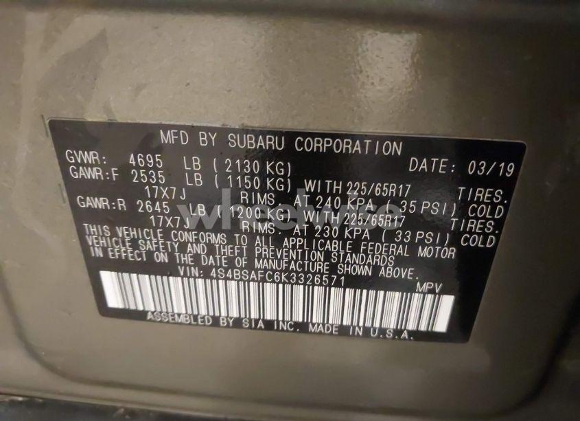 Photo 9 of 2019 Subaru Outback 2.5I PREMIUM (VIN 4S4BSAFC6K3326571)