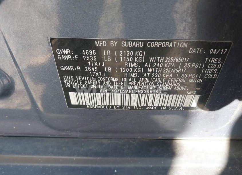 Photo 9 of 2017 Subaru Outback 2.5I PREMIUM (VIN 4S4BSAFC7H3395293)