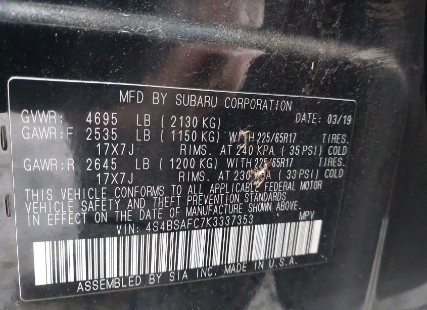 Photo 9 of 2019 Subaru Outback 2.5I PREMIUM (VIN 4S4BSAFC7K3337353)