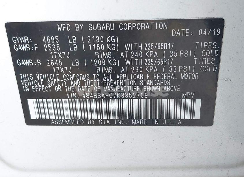 Photo 9 of 2019 Subaru Outback 2.5I PREMIUM (VIN 4S4BSAFC7K3352709)