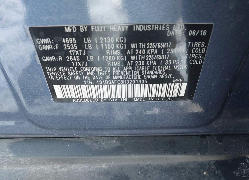 Photo 9 of 2017 Subaru Outback 2.5I PREMIUM (VIN 4S4BSAFC8H3201905)