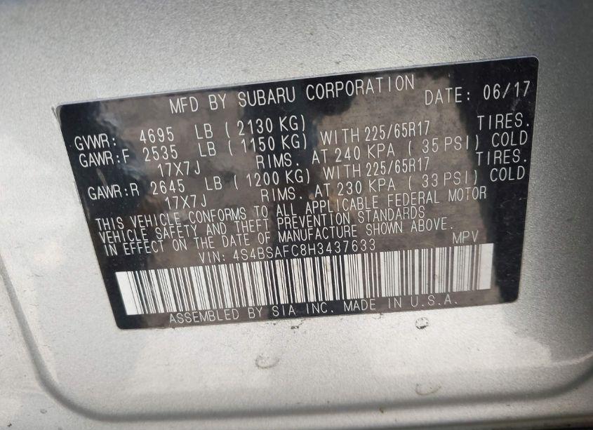 Photo 9 of 2017 Subaru Outback 2.5I PREMIUM (VIN 4S4BSAFC8H3437633)