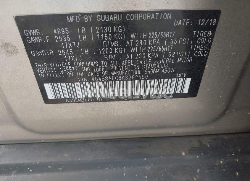 Photo 9 of 2019 Subaru Outback 2.5I PREMIUM (VIN 4S4BSAFC8K3282590)