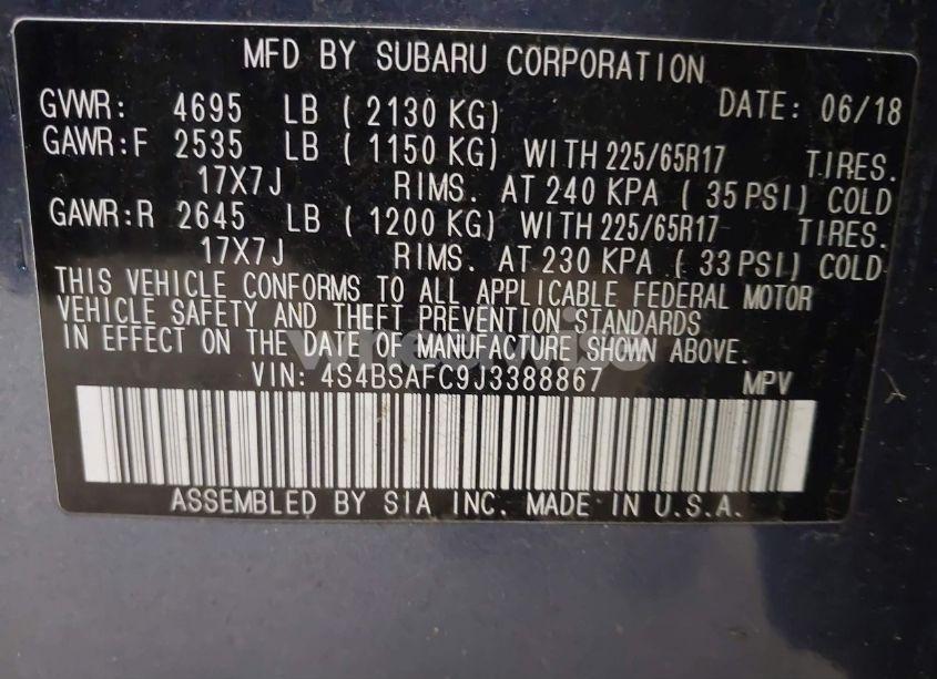 Photo 9 of 2018 Subaru Outback 2.5I PREMIUM (VIN 4S4BSAFC9J3388867)