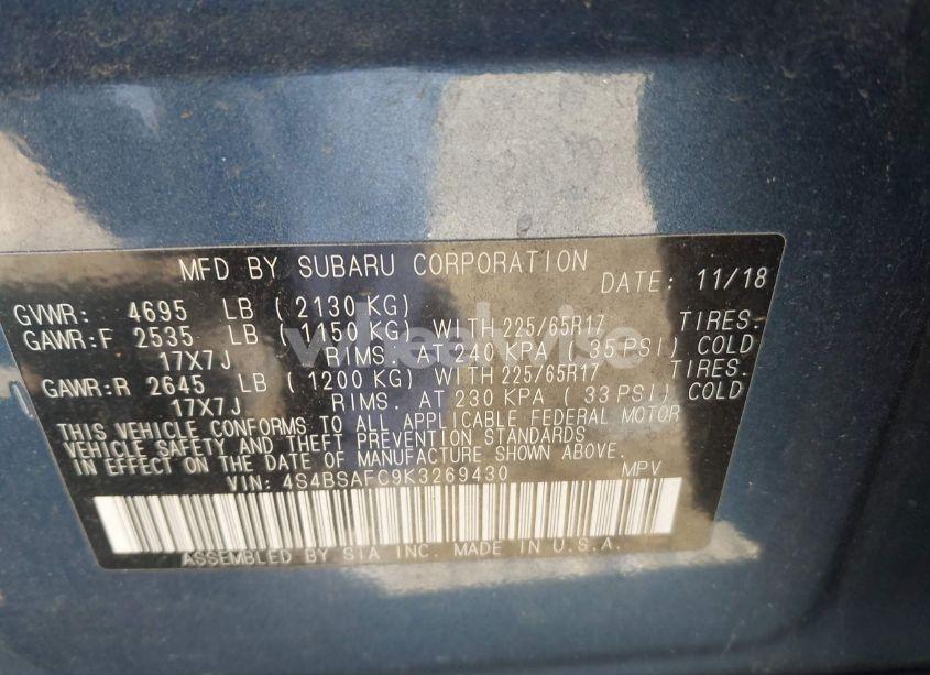Photo 9 of 2019 Subaru Outback 2.5I PREMIUM (VIN 4S4BSAFC9K3269430)