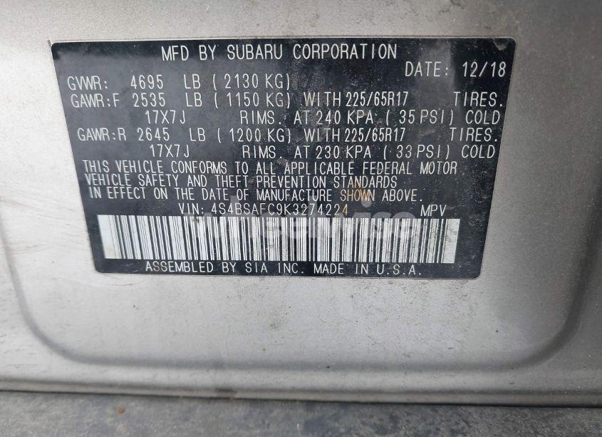 Photo 9 of 2019 Subaru Outback 2.5I PREMIUM (VIN 4S4BSAFC9K3274224)