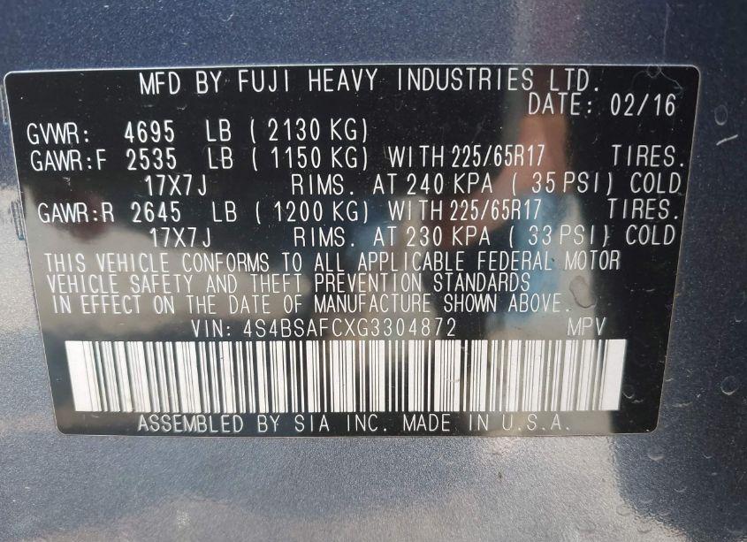 Photo 9 of 2016 Subaru Outback 2.5I PREMIUM (VIN 4S4BSAFCXG3304872)