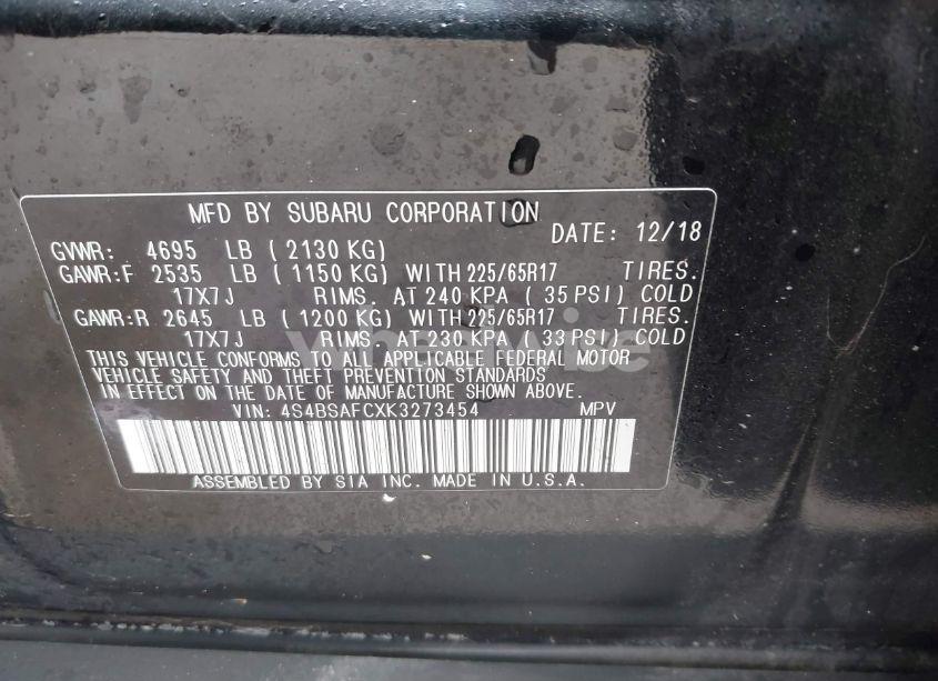 Photo 9 of 2019 Subaru Outback 2.5I PREMIUM (VIN 4S4BSAFCXK3273454)