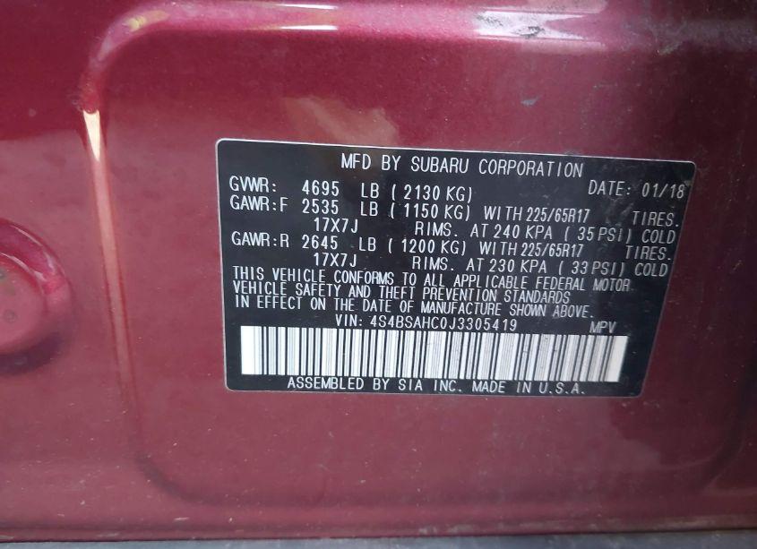 Photo 9 of 2018 Subaru Outback 2.5I PREMIUM (VIN 4S4BSAHC0J3305419)