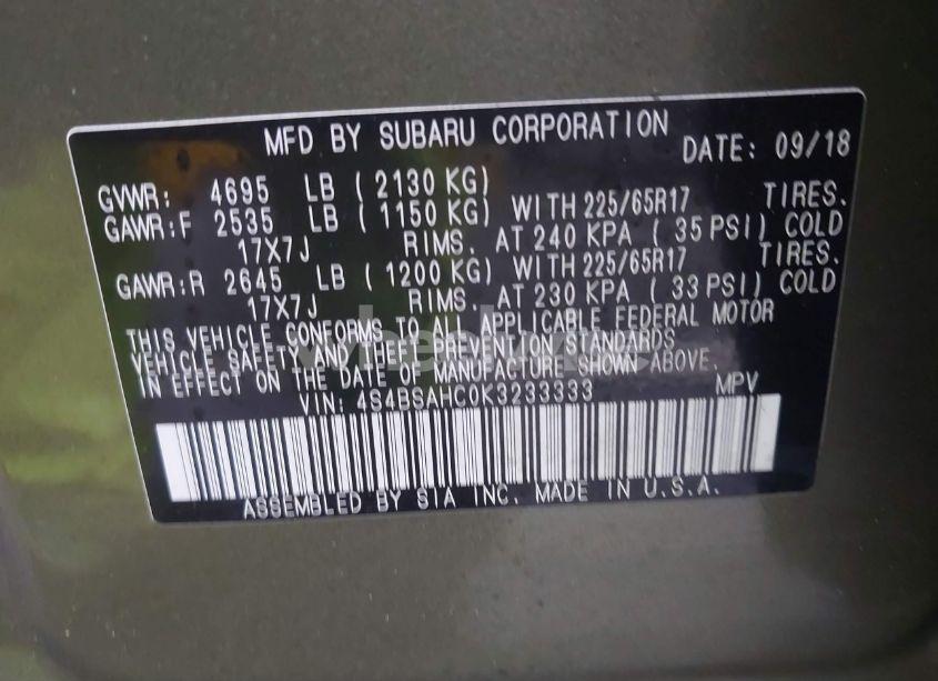 Photo 9 of 2019 Subaru Outback 2.5I PREMIUM (VIN 4S4BSAHC0K3233333)