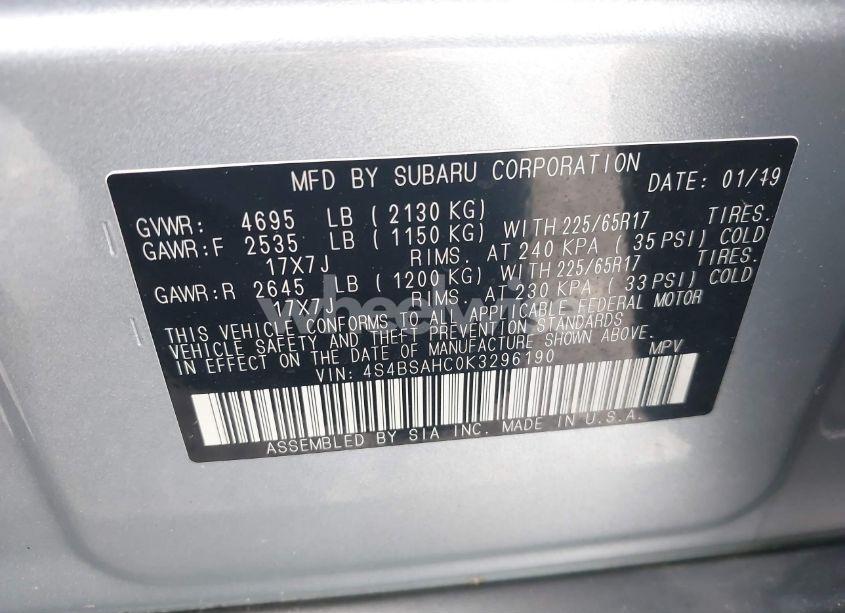 Photo 9 of 2019 Subaru Outback 2.5I PREMIUM (VIN 4S4BSAHC0K3296190)