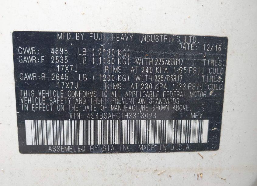 Photo 9 of 2017 Subaru Outback 2.5I PREMIUM (VIN 4S4BSAHC1H3313023)