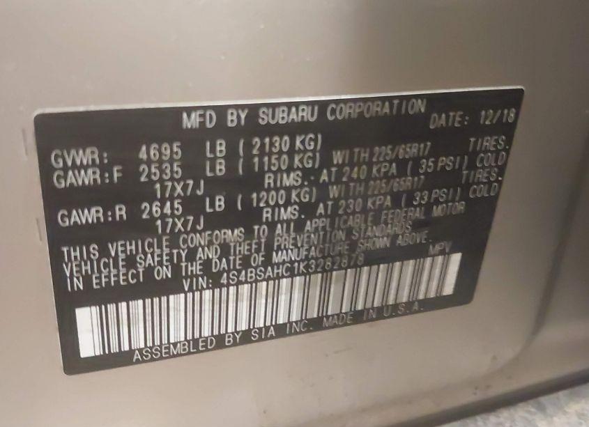 Photo 9 of 2019 Subaru Outback 2.5I PREMIUM (VIN 4S4BSAHC1K3282878)