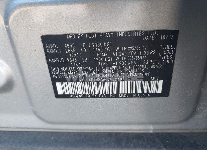 Photo 9 of 2016 Subaru Outback 2.5I PREMIUM (VIN 4S4BSAHC2G3240713)