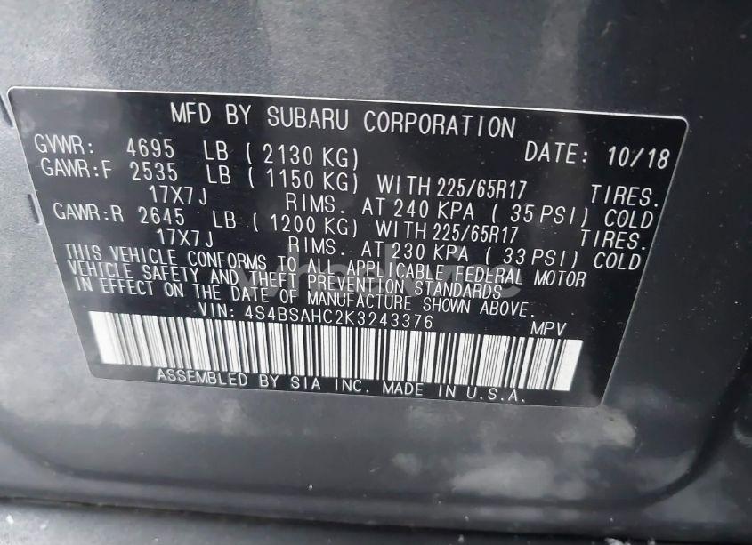 Photo 9 of 2019 Subaru Outback 2.5I PREMIUM (VIN 4S4BSAHC2K3243376)