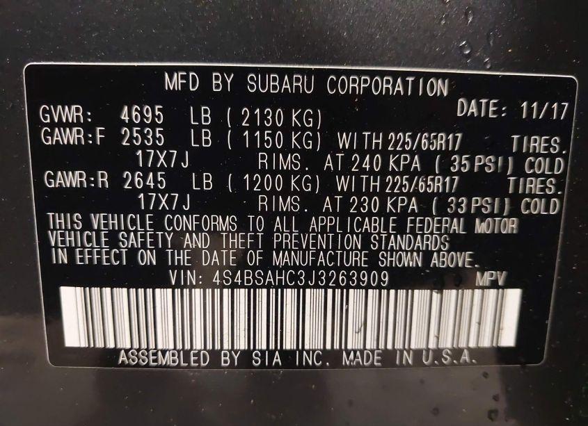 Photo 9 of 2018 Subaru Outback 2.5I PREMIUM (VIN 4S4BSAHC3J3263909)