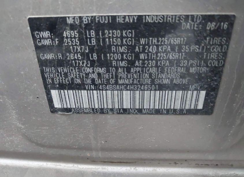 Photo 9 of 2017 Subaru Outback 2.5I PREMIUM (VIN 4S4BSAHC4H3246501)