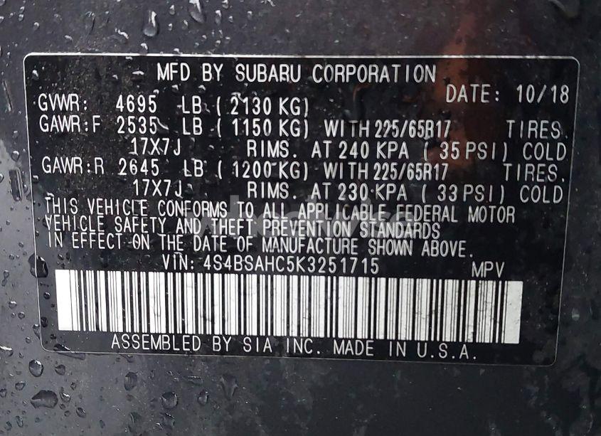 Photo 9 of 2019 Subaru Outback 2.5I PREMIUM (VIN 4S4BSAHC5K3251715)